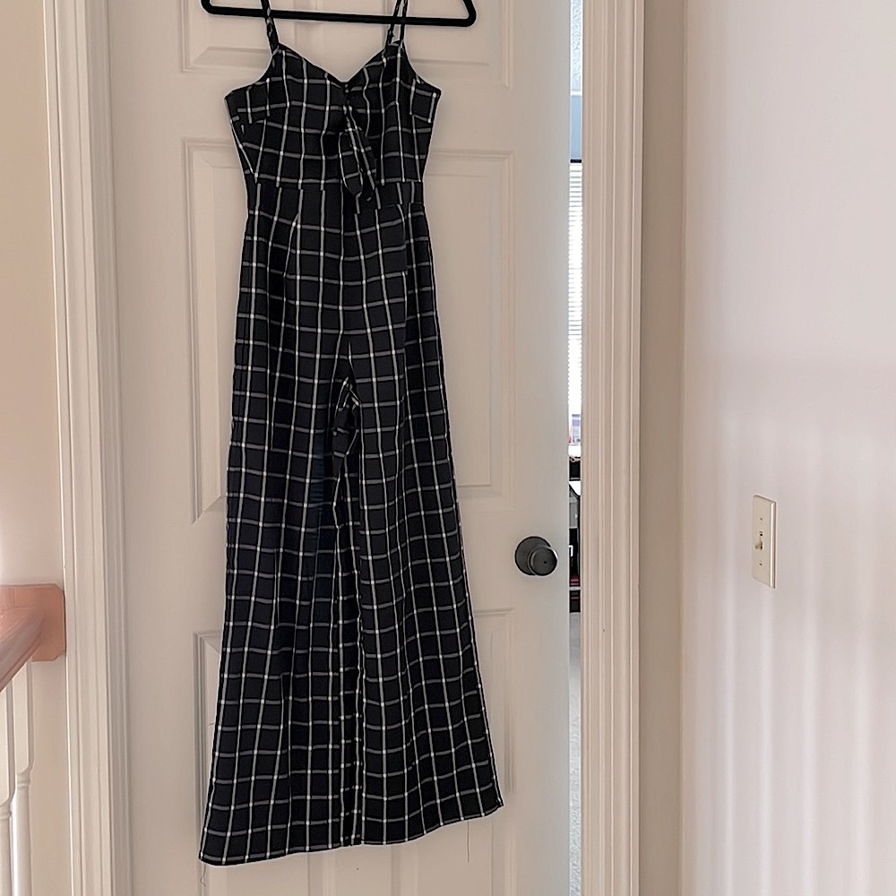 Navy Plaid Wide-leg Jumpsuit